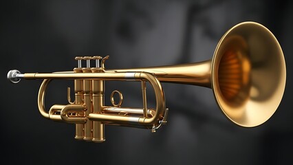 Obraz premium A shiny trumpet lies on a dark background, showcasing its brass instrument details clearly.