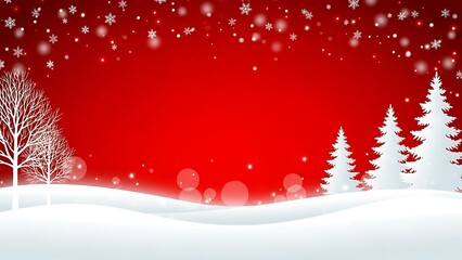 Sparkling red winter wonderland background with festive snowflakes and serene snowy trees, perfect for holiday greetings and celebrations