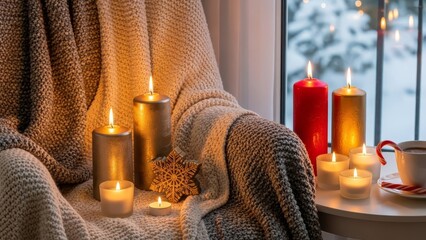 Cozy winter scene with lit candles and warm blankets by snowy window