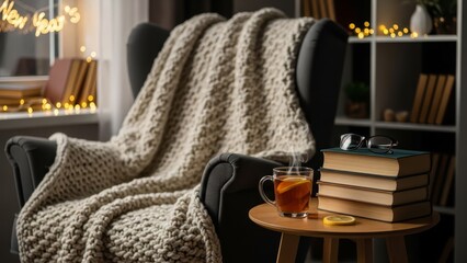 Cozy reading nook with warm tea and books on a lazy day