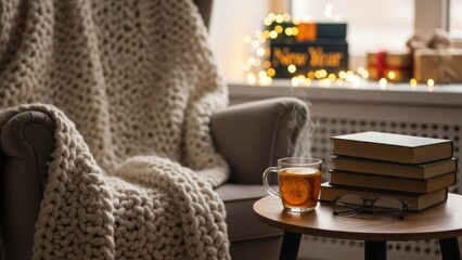 Cozy reading nook with steaming tea and books by the window