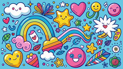 Whimsical doodle illustration with bright colors and happy elements Vector