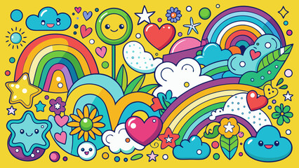 Whimsical rainbow and clouds illustration with hearts and stars Vector
