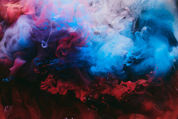Abstract colorful smoke background. Moving flow of blue, red, white paints, fluid art