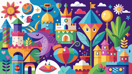 Whimsical fantasy landscape with castle and creatures Vector