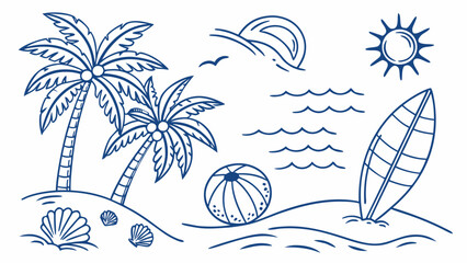 Tropical beach scene with palm trees and surfboard Vector