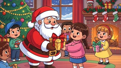 Santa Claus giving gifts to happy children on Christmas