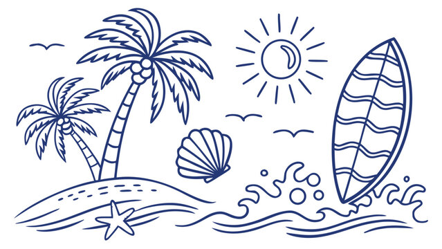 Tropical beach scene with palm trees and surfboard Vector