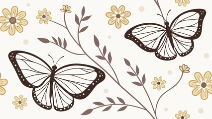Naklejka premium Elegant Butterfly and Floral Pattern Design in Neutral Tones.