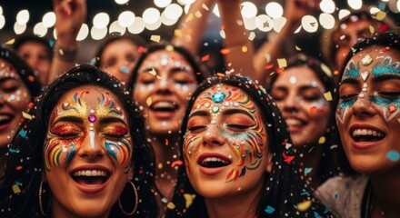 Happy young women with colorful face paint at a festival. Group of friends celebrating with glitter and falling confetti at a nighttime music event