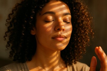 Woman with curly hair sitting with eyes closed. Peaceful expression on her face. Female yogi meditates. Rays of sun gently fall on face through blinds