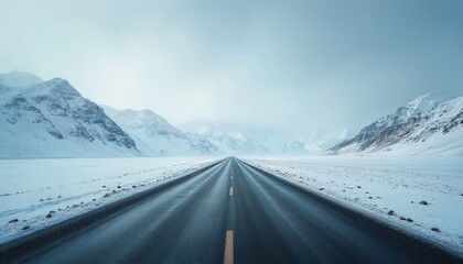 Empty asphalt road winds through snowy mountains. A long straight highway leads into a foggy, vast winter landscape. Clear path towards horizon under pale sky.