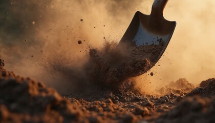 Shovel digs dark soil creating dust cloud. Ground particles scatter during work. Construction industry or agri business background. Building and debris concept with blurry action digging process.