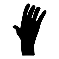 Obraz premium Black vector illustration of a human hand silhouette showing palm and five fingers as a simple icon