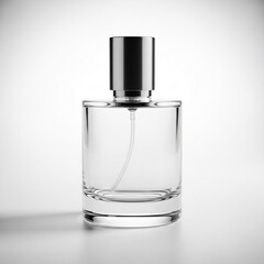 A glass perfume bottle with silver cap, isolated on white background