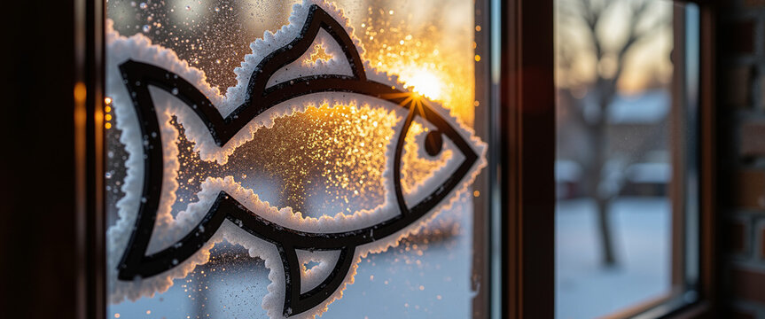 Frosted fish decoration on window with sunset in winter background  