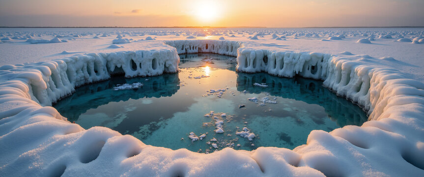 Frozen pool with ice edges reflecting sunset glow over winter landscape   - Powered by Adobe
