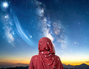 A woman in a red head covering contemplating the magnificent starry night sky with the milky way