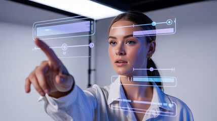Future Touch: A focused woman interacts with futuristic technology, indicating progress and innovation with a dynamic hand gesture. She represents an optimistic vision of what's to come.