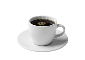 High-gloss white minimalist ceramic coffee cup with rich dark black coffee & wispy steam on saucer, isolated on transparent background, concept for beverage advertising