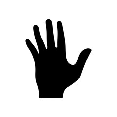 Obraz premium Black vector illustration of a human hand silhouette showing palm and five fingers as a simple icon