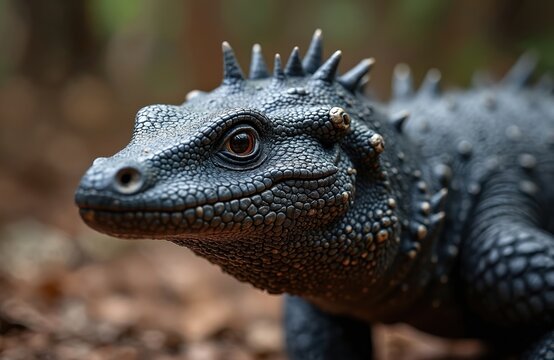 Argentine black and white tegu lizard close up portrait. Large reptile with textured scales and spiny crest. Reptile rests on forest floor in leaves, focused stare.