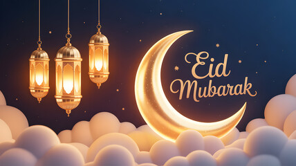 Elegant eid mubarak message with glowing moon and lanterns on clouds