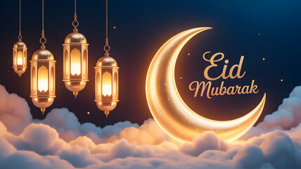 Illuminated eid mubarak text with moon floating on clouds at night