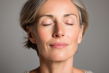 Mature woman with short gray hair, eyes closed, serene expression, soft lighting highlighting facial features, conveying tranquility and mindfulness in a peaceful atmosphere