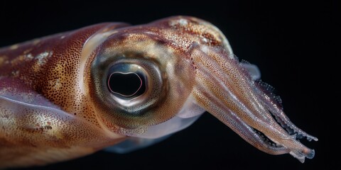 Close-up of a vibrant squid showcasing intricate textures and patterns, with a focus on its large eye and tentacles, highlighting marine life and underwater beauty