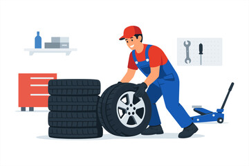 Young asian male mechanic organizing tires in auto repair shop