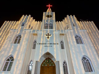 Christmas decoration in Christ Church at night time.