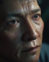 Asian man with deep-set eyes and textured skin gazes thoughtfully, showcasing emotional depth and resilience in a close-up portrait, highlighting human experience and connection