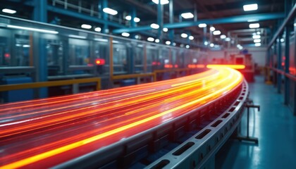 Long exposure photo showcases an industrial conveyor belt. Illuminated streaks of light indicate the movement of goods in a manufacturing facility. Automated production line in process at factory.