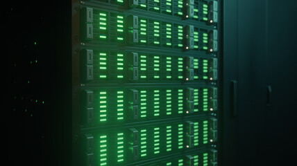 Server Rack: a futuristic server rack, with flashing green lights indicating data processing. The scene encapsulates the essence of technological innovation, information storage, and data processing.