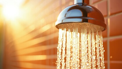 Chrome shower head sprays cool water against orange tiled wall. Bright sunbeams create glowing light effects. Droplets fall, suggesting freshness and cleanliness. A serene moment of personal care.