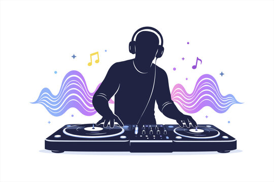 Silhouette of dj mixing music with turntables and headphones