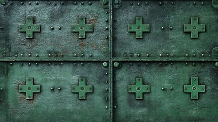 Close-up of four metal panels with cross-shaped rivets and a greenish patina