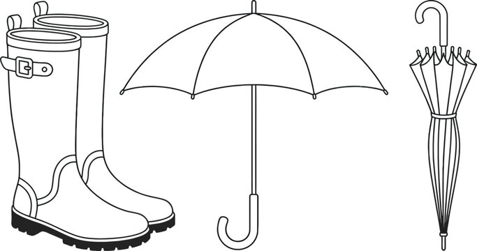 Black and white line of rain boots and umbrellas