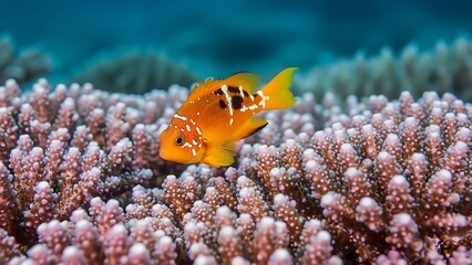 Vibrant orange fish swims over coral reef with pink and white sea anemones underwater