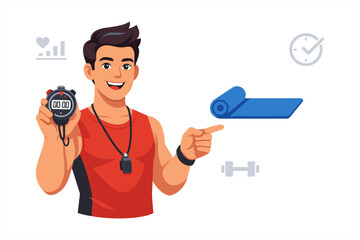 Young caucasian male fitness trainer with stopwatch and yoga mat illustration