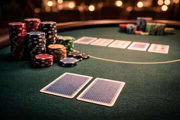 Fototapeta premium Poker table with chips and playing cards under casino lighting representing gambling strategy risk money and professional card game atmosphere 