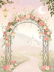 Romantic floral archway leads to enchanted castle pathway