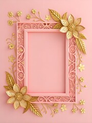 Elegant pink frame with golden floral decorations on soft background