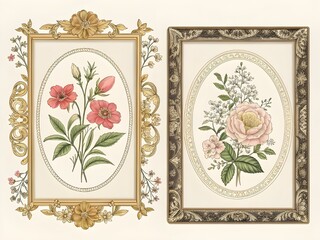 Elegant floral artwork in ornate gold and bronze frames on cream