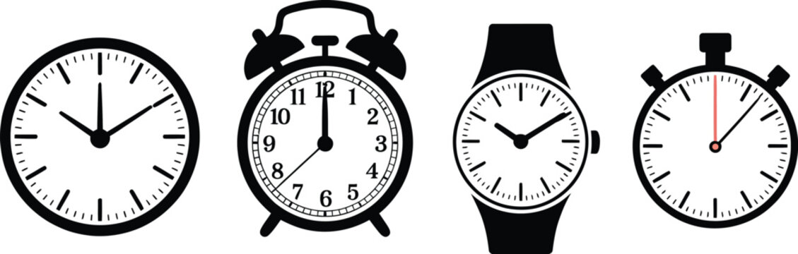Clocks and alarm clock with white faces and black outlines and hands watches stopwatch