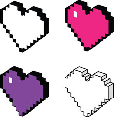 Retro Gaming Isometric Pixel Heart Collection with Pink Purple and White Color Variations , Generative Ai