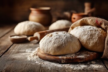 Freshly prepared dough balls resting on a wooden board, surrounded by flour, rolling pin, and rustic kitchenware, showcasing the art of traditional baking and culinary craftsmanship