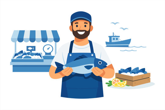 Smiling adult male fishmonger holding fresh fish at market