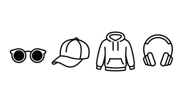 Line of black outlined sunglasses baseball cap hoodie and headphones white